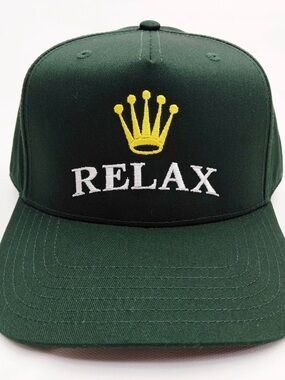 Relax Crown 5 Panel Snapback Hat Embroidered Dark Green High Profile Cap